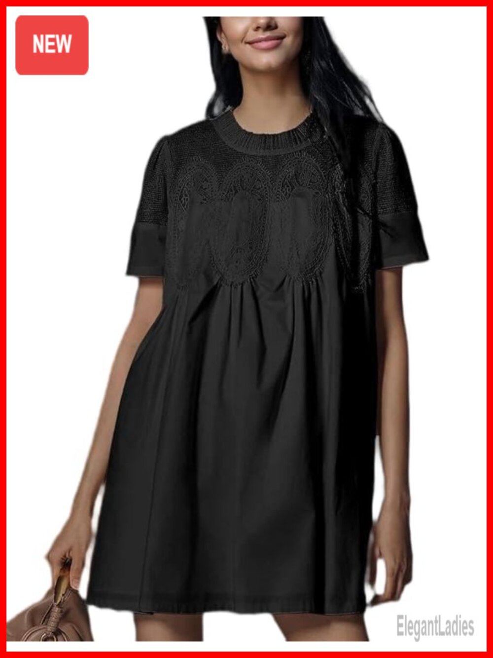 Crochet Lace Mini Dress Round Neck Short Sleeve Sheer Mesh Boho Casual